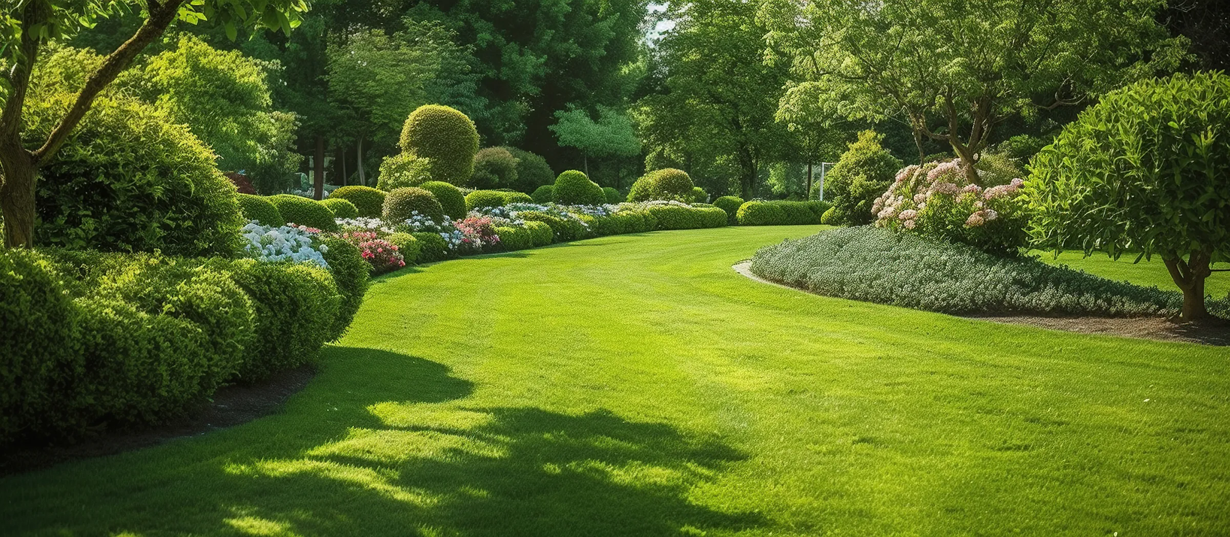 Manicured lawn with flowerbeds and shaped hedges
