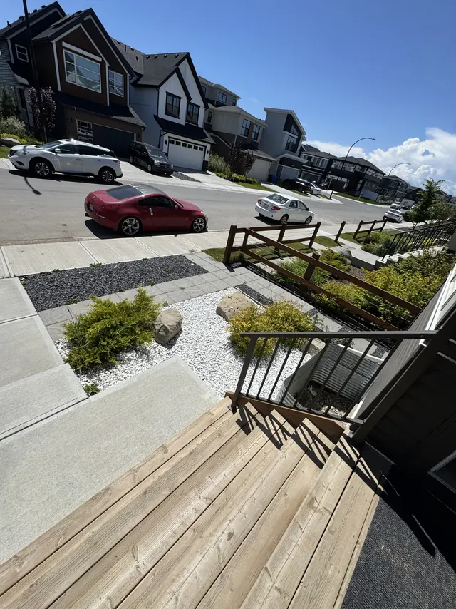 Concrete steps and slab path across a front yard